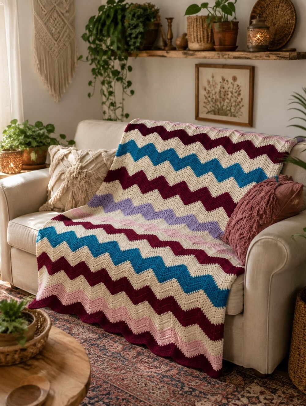 Handmade Chevron Crochet Throw - Pink, Lavender, Cream & Teal
